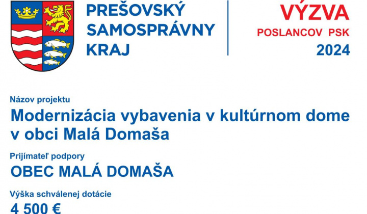 1. fotografia fotogalérie Modernizácia vybavenia v kultúrnom dome v obci Malá Domaša - foto